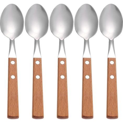 Set mit 5 Dessertlöffeln aus Edelstahl mit Holzgriffen (verschiedene Farben) – 20,00 x 3,80 x 1,20 cm (1/4)