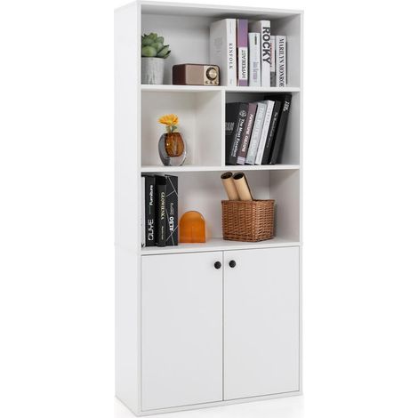 Salon, bureau ou maison bibliothèque sur pied 5 niveaux, meuble de rangement blanc avec cubes ouverts et portes (1/5)
