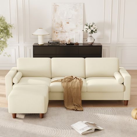 Luxuriöses Dreisitzer-Sofa aus Kunstleder mit beweglichem Hocker, Holzrahmen, wasserdicht und pflegeleicht, für Wohnzimmer, 234x155x88cm, Beige