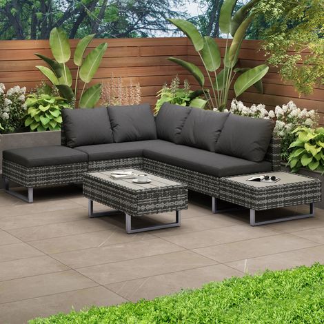 Conjunto de muebles de jardín, sofá de jardín, para 4-5 personas, (sofá esquinero, mesa y cojines, desenfundables y lavables) gris - A (1/5)