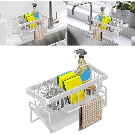Étagère de rangement pour évier – Système de drainage automatique – Acier au carbone – Étagère pour éponge – Accessoires de cuisine antirouille (blanc)