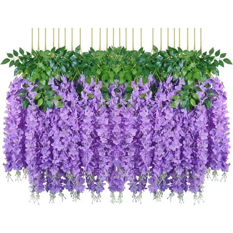 Fleurs artificielles, 24 tiges de glycine artificielles, fleurs en soie suspendues, décoration pour la maison, les mariages, les fêtes (24 pièces, 110 cm par tige, violettes)