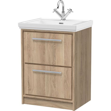 Longnor 2 Drawer Floor Standing Vanity Unit with 1 Tap Hole Traditional Fireclay Basin, Light Oak, 600mm