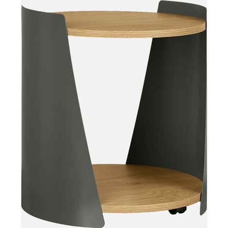Tavolino e comodino in metallo curvato e legno con ruote