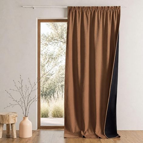 Rideau Thermique Phonique Semi Occultant à Galons Fronceurs Polyester Rideaux Thermiques Isolants Chambre Salon Bureau 140 x 260 cm Marron Clair (1/5)