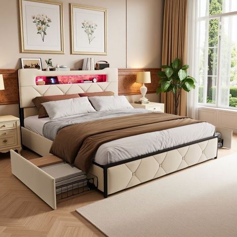Letto Matrimoniale 160x200 con Rete 4 Cassetti - LED RGB e Porte USB - Letto Imbottito in Velluto