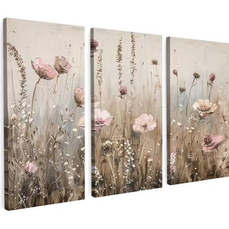 MULTI-PANEL WALL ART Trittico Set of 3 Flowers - Beige - Modern - Pink 120x80 cm
