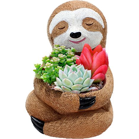 Pot de fleurs décoratif original en résine avec figurine de paresseux - 8.5x9x12cm - Pots pour plantes succulentes, décorations de bureau, idéal pour plantes, herbes, cadeau éco-responsable (1/5)