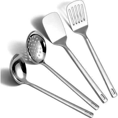 Das 4-teilige Küchenutensilien-Set aus Edelstahl umfasst ein Set Metallspatel, eine Schaumkelle, eine Suppenkelle und weitere Küchenhelfer. (1/5)