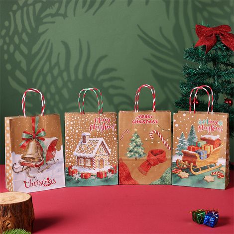 Sac cadeau de Noël en papier kraft 26x33x12 cm lot de 4 poignées torsadées
