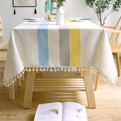 Nappe rectangulaire en lin et coton, coloris uni, à carreaux brodés et à pompons (140 x 260 cm, bleu/jaune) (1/5)