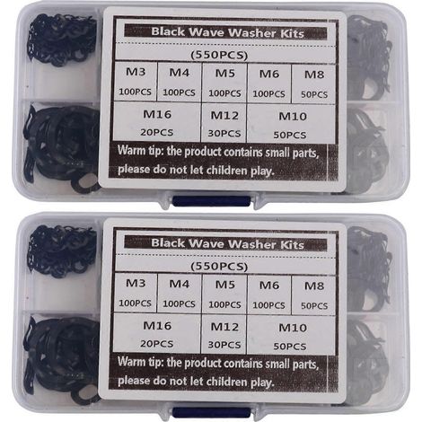 Rondelles élastiques annulaires en acier noir, trois rondelles ondulées, kits d'assortiment de joints ondulés 65MN - M3 M4 M5 M6 M8 M10 M12 M16 (1100 pièces) (1/5)