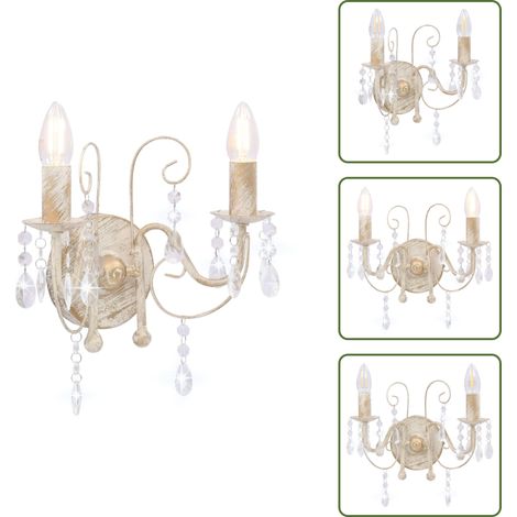 Wandleuchte mit Perlen Antik Weiß 2 × E14-Fassungen - Wandleuchte - Dekoleuchte - Perlenschmuck - Antikweiss - Wohnzimmer Deko (1/5)