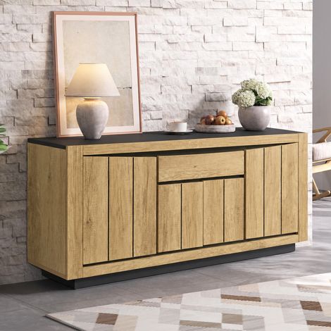 Buffet bas 140 x 40 x 60 cm avec 4 portes, 1 tiroir, rangements larges sans poignée, bois et noir, pour salon et salle à manger. (1/5)