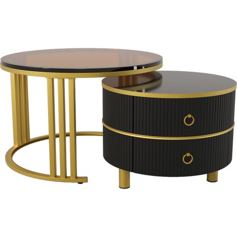 Set di 2 tavolini rotondi da salotto in MDF e vetro temperato, nero e oro, con 2 cassetti (1/5)