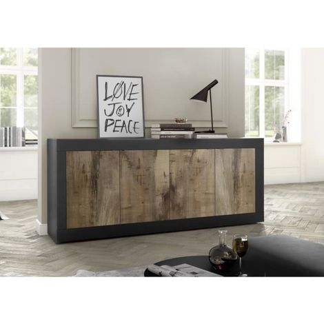 Calicosy – Buffet moderne 4 portes noir mat et bois de poirier – Dimensions 207x43x86 cm – Design italien pour salon et salle à manger (1/7)