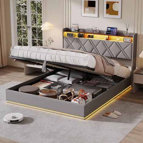 Stauraumbett 140x200 cm mit Lattenrost, 2-Personen Bett mit LED & USB, Holz-Lattenrost, Kopfteil mit Regalen, dunkelgraues Leinen (1/5)
