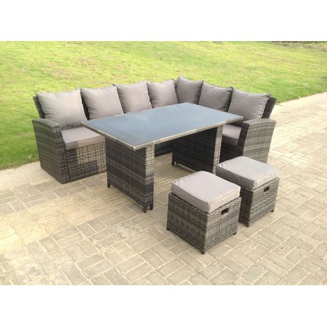 Fimous High Back Grey Mixed Rattan Ecksofa Esszimmertisch mit Hockern 8-Sitzer Rechte Ecke
