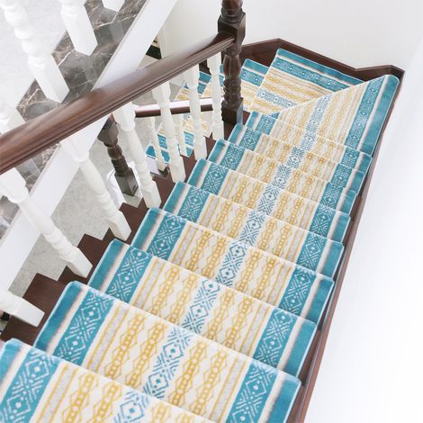 Tapis de marches d'escalier Motif géométrique bleu-jaune 7524+3cm Antidérapant autocollant Protection des escaliers intérieurs (1/2)