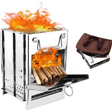 MINKUROW Tragbarer Edelstahl-Holzofen mit Aufbewahrungstasche und Fadensäge, faltbarer Holzofen für Grillen im Freien, Grillen, Wandern, Reisen, Picknick (1/5)