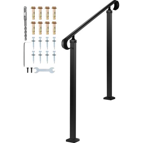 Garde-corps extérieur pour marches, hauteur réglable 2-3 marches, acier carbone, kit d'installation inclus, pour escaliers en béton ou bois, porche, noir mat. (1/5)