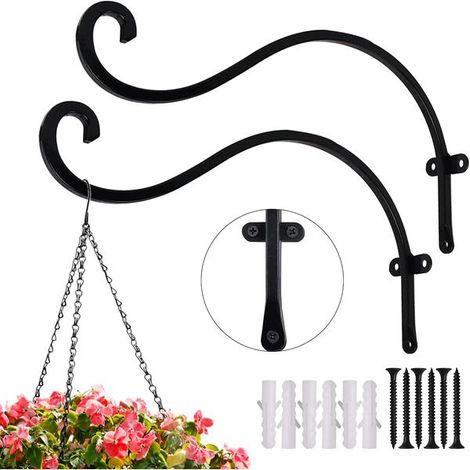 Lot de 2 supports pour plantes d'extérieur, crochets de suspension robustes de 30 cm pour paniers extérieurs, support mural en métal noir. (1/5)