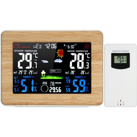 Stazione meteorologica wireless con display LCD a colori, sveglia, termometro per interni/esterni, igrometro/barometro con visualizzazione delle fasi lunari e funzione snooze.