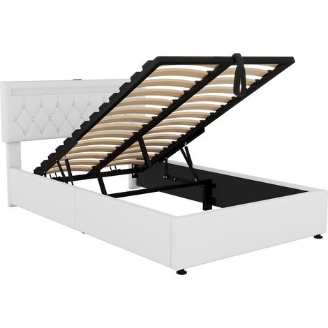 Cama con canapé blanca de 140 x 200 cm con iluminación ambiental, puertos de carga USB y tipo C, estructura de cama doble, apta para jóvenes y adultos (colchón no incluido). (1/4)