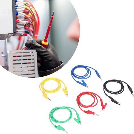 4 mm Krokodilklemmen-Messleitungen, Bananenstecker-Messleitungen aus Vollkupfer, spritzgegossene Leiter, 70035-1 ausziehbare Messleitungen, verkauft im Set (rot, schwarz, gelb, blau, grün). (1/5)