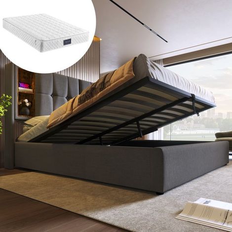 Lit rembourré 160x200 avec matelas, sommier à lattes, rangement et chargeur sans fil USB‑C – gris