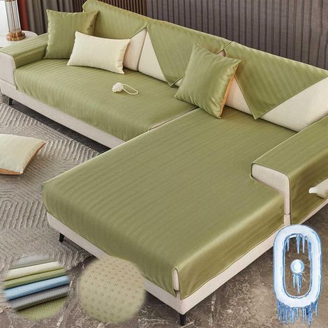 Coussin de Canapé, Ice Silk Frais été, Silicone Antidérapant, Anti-rayures Animaux, Lavable, pour 2/3/4 Places ou L, Vert 70x70cm (1/5)
