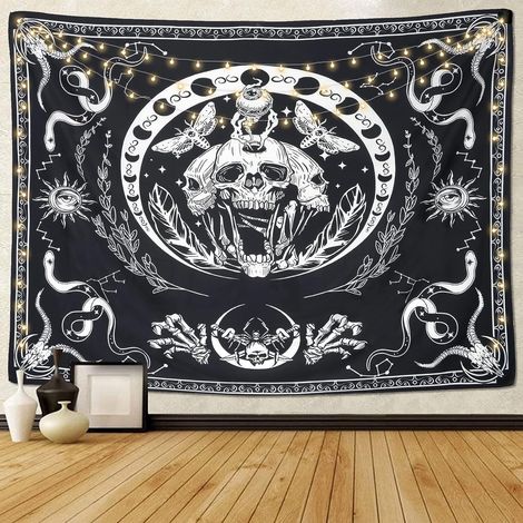 Totenkopf-Wandteppich, Skelett-Wandteppich, schwarz-weißer Wandteppich, Schmetterlingsschlange
