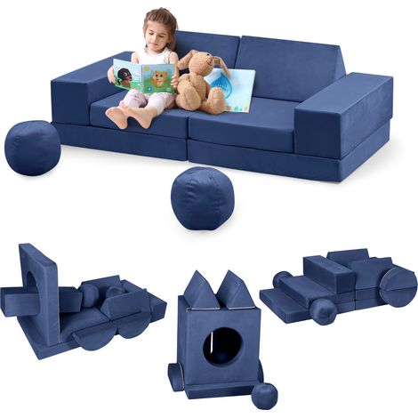 Canapé pour Enfants 12 PCS avec Balles et Tunnel, Canapé de Jeu Modulaire en Mousse Douce pour Jeux, Dodo et Créativité, Bleu (1/5)