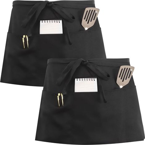 Lot de 2 Tabliers de Cuisine Noir Imperméable avec 3 Poches pour Hommes et Femmes Serveurs et Chefs en Cuisine et Restaurant (1/4)