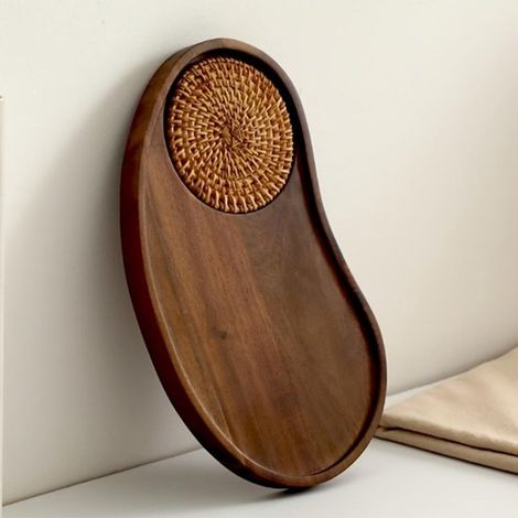 pièce - Plateau en bois - Plateau en bois d'acacia - Plateau pour tasse à café et assiette à dessert d'hôtel - Plateau à thé style noix de cajou - Dessous de verre pour tasse à eau - Avec dessous de v