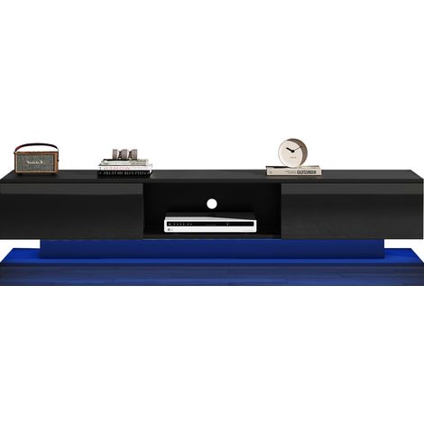 Meuble TV noir brillant LED avec application, 2 tiroirs, anti-basculement et passe-câbles, pour écran jusqu’à 60 pouces, 160 cm, salon moderne  CHICFURN (1/5)