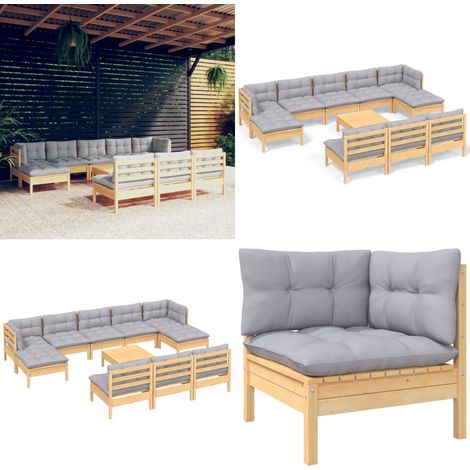 11-tlg. Garten-Lounge-Set mit Grauen Kissen Kiefernholz - Garten-Lounge-Set - Garten-Lounge-Sets - Home & Living (1/5)