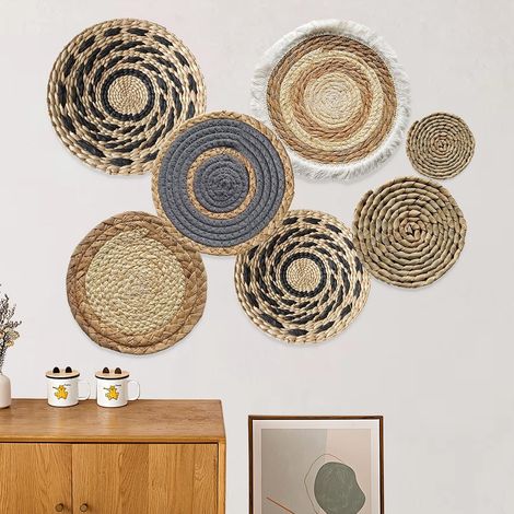 Lot de 7 Panier Muraux Bohème à la Main Osier Decoration Murale en Rotin Ronde Rotin Décoration Murale Sets de Table pour Salle à Manger Chambre à Coucher Bureau (1/5)