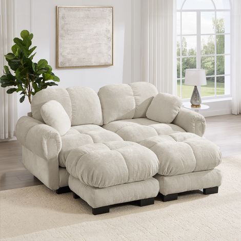 Canapé panoramique 2 places modulable en tissu chenille forme U avec pouf mobile assise épaisse dossier ergonomique salon kaki clair (1/5)