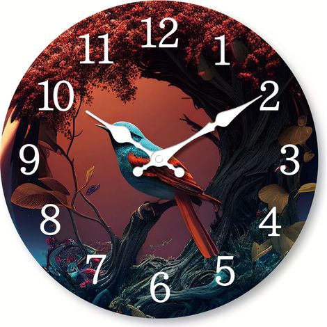 Horloge murale (30 cm) sur le thème de la forêt, silencieuse, sans cliquetis, motif d'oiseaux oniriques, fonctionne à piles (1/5)
