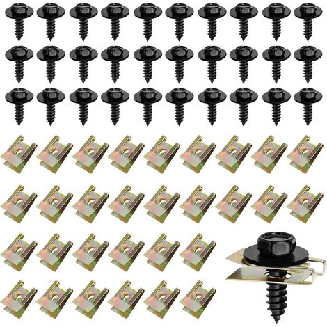60 Pièces Clips de Fixation Voiture Metal, Agrafes Carrosserie de Acier au Manganèse, U Clips Voiture de Metal, Vis et Ecrou Cage Hexagonale Auto, pour Voiture Garde-Boue Panneaux de Portes (1/5)