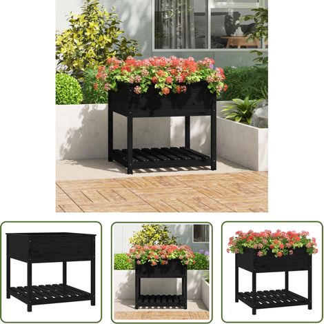 The Living Store Jardinière avec étagère Noir 82,5x82,5x81 cm Bois massif de pin - Jardinier - Pot De Fleurs - Jardinière Extérieure - Bois Massif - Pin (1/5)
