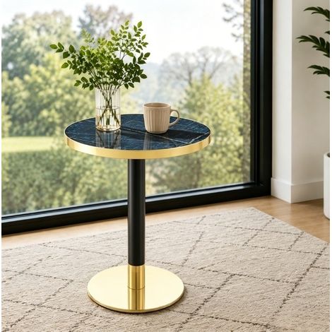 Mesa auxiliar redonda 60x60x73.7 cm azul en MDF y metal con acabado efecto mármol y borde dorado (1/5)