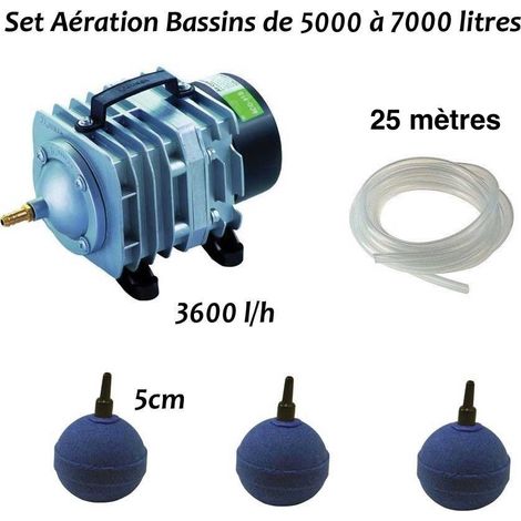 Le Poisson Qui Jardine – Aérateur Bulleur pour bassin 5000 à 7000L – Pompe à air 3600 L/h – 25m tuyau cristal – 3 diffuseurs 5cm pour bulles fines (1/5)