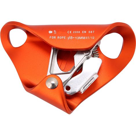 Orangefarbener Kletteraufzug, Absturzsicherungsausrüstung für Bergsteigen und Felsklettern. (1/5)