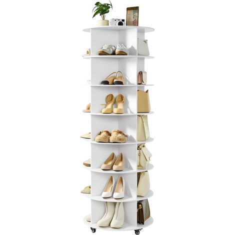 Étagère à chaussures rotative à 7 niveaux avec roulettes, présentoir à chaussures rotatif à 360°, organisateur sur pied de type plateau tournant, pour chambre, salon, entrée, dressing, blanc (1/5)