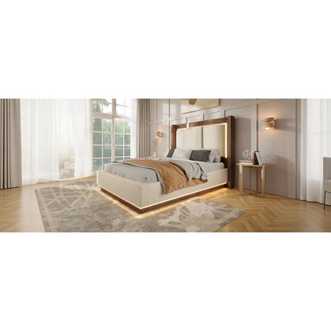 MEUBLIV Bett 90x200 cm Leinen Holz Beige mit LED und Stauraum, ohne Matratze (1/5)