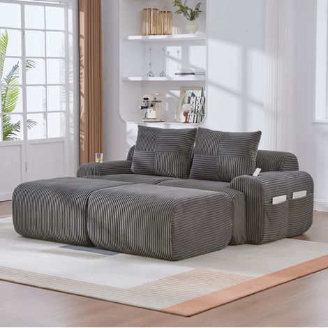 Divano modulare 200/174/80 cm in velluto a coste, grigio scuro, con portabicchiere e tasca laterale (1/5)