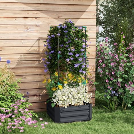 Carré potager avec treillis pour plantes grimpantes, bac de culture à fond ouvert, résistant aux intempéries, gris foncé, 61x61x140 cm