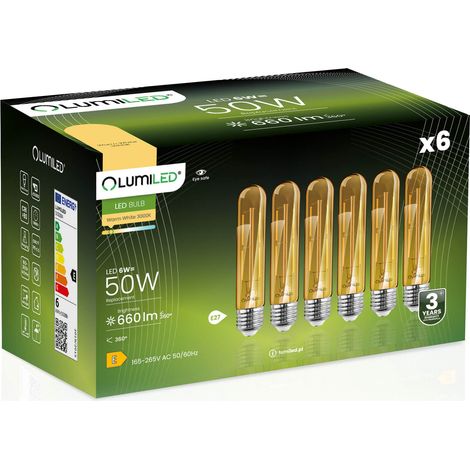 6x E27 LED-Röhrenlampe T30 6W = 50W 660lm 2000K warmweiß 360° bernsteinfarbenes Leuchtmittel
